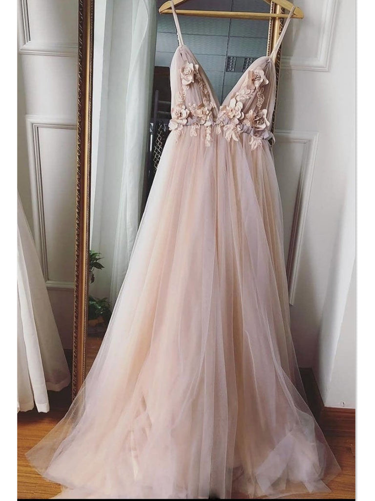 Elegant Champagne V-Neck Wedding Dress with Tulle Floral | JLDressCA Elegant Champagne V-Neck Wedding Dress with Tulle Floral | JLDressCA