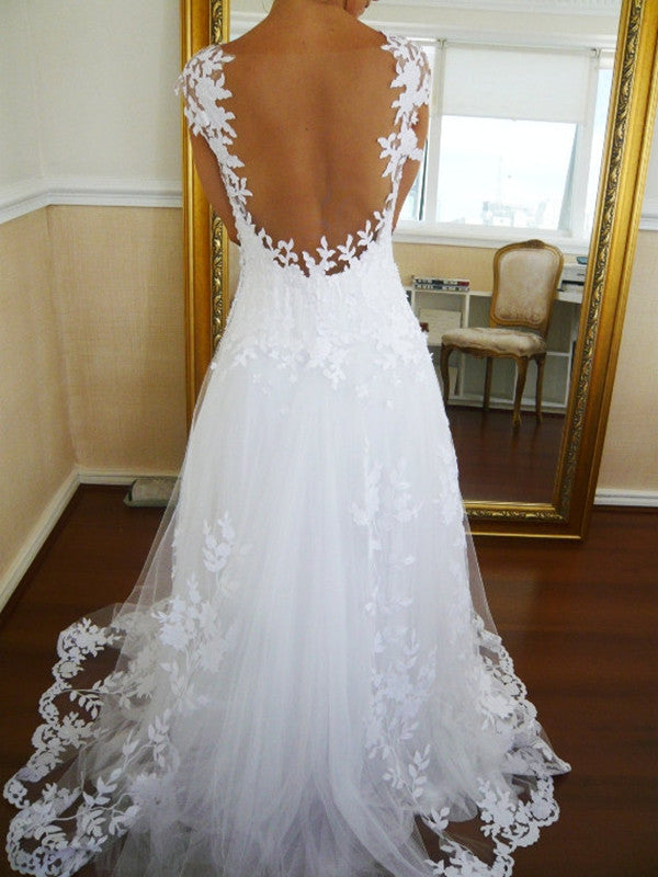 Long Backless White Lace Wedding Dress - Shop Online