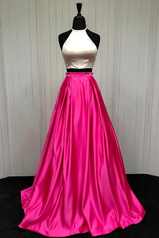 Two-Piece Hot Pink A-Line Halter Prom Dress, PD23030217