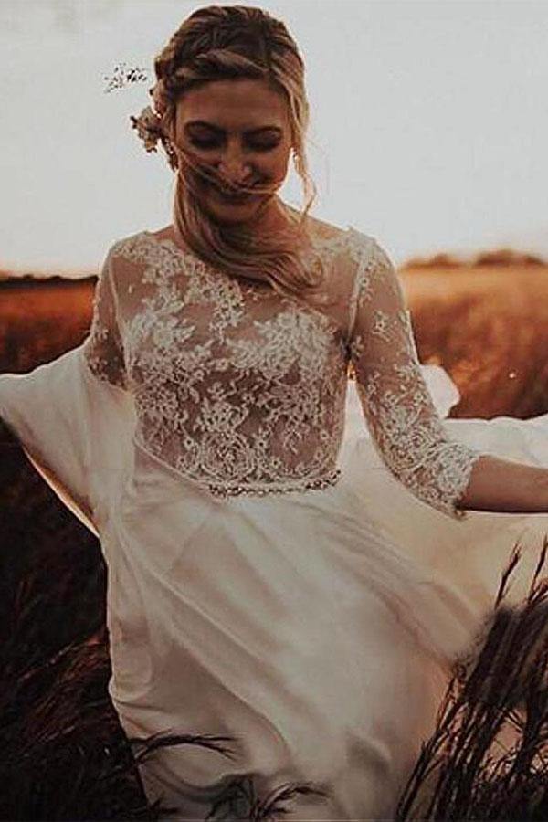 3/4 Sleeves See-Through Bodice A-line Wedding Dress - JLDressCA 3/4 Sleeves See-Through Bodice A-line Wedding Dress - JLDressCA