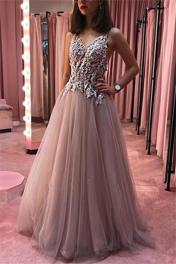 Dusty Rose V-Neck Lace Tulle A-Line Prom Dress | JLDressCA Dusty Rose V-Neck Lace Tulle A-Line Prom Dress | JLDressCA