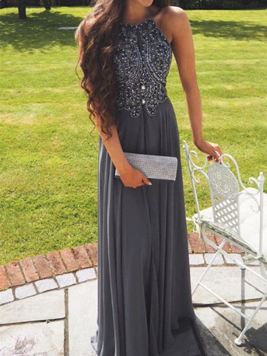 A-Line Gray Backless Chiffon Prom Dresses, Backless Bridesmaid Dresses, Wedding Party Dresses, Backless Evening Dresses, BD2303123