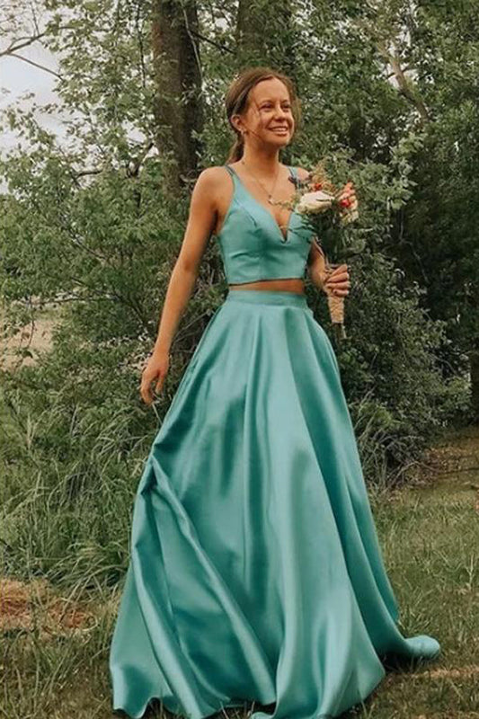 Two-Piece Lake Blue Satin V-Neck Prom Dress, PD23030218