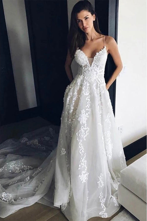 Boho Beach Wedding Gown with Appliqued Lace and Spaghetti Straps JLDressCA Boho Beach Wedding Gown with Appliqued Lace and Spaghetti Straps JLDressCA