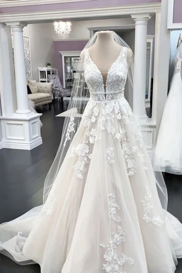 Elegant Beaded Chiffon A-line Wedding Dress with Short Sleeves and V-neckline | JLDressCA Elegant Beaded Chiffon A-line Wedding Dress with Short Sleeves and V-neckline | JLDressCA