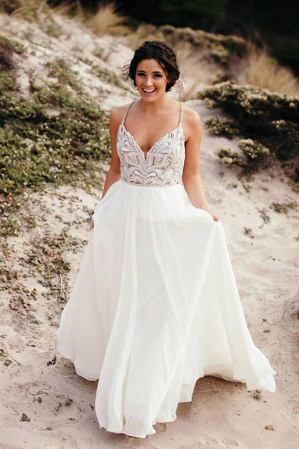 Rustic Ivory Chiffon Wedding Dress with Beaded Spaghetti Straps,, WD23 JLDressCA Rustic Ivory Chiffon Wedding Dress with Beaded Spaghetti Straps,, WD23 JLDressCA
