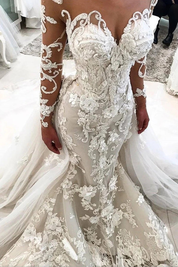 Mermaid Detachable Train Long Sleeves Scoop Wedding Dresses With Applique VK0623001 As Picture show / US24W Mermaid Detachable Train Long Sleeves Scoop Wedding Dresses With Applique VK0623001 As Picture show / US24W