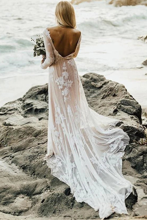 Boho A-line Wedding Dress with Long Sleeves and Backless Design - JLDressCA Boho A-line Wedding Dress with Long Sleeves and Backless Design - JLDressCA