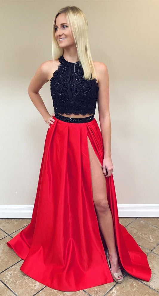Black and Red Two-Piece Satin Princess A-Line Prom Dress, PD23032210