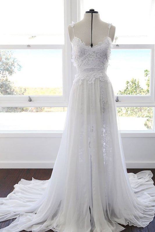 Sweetheart Chiffon Beach Wedding Dress with White Lace and Spaghetti Straps, WD23022815