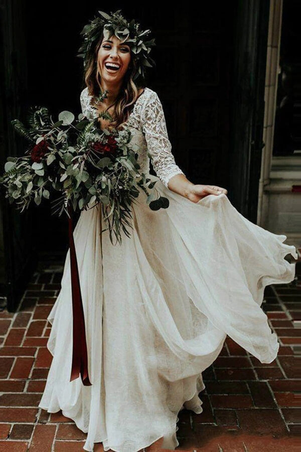 Rustic Two-Piece Wedding Dress with Ivory Chiffon and 3/4 Sleeves | JLDressCA Rustic Two-Piece Wedding Dress with Ivory Chiffon and 3/4 Sleeves | JLDressCA