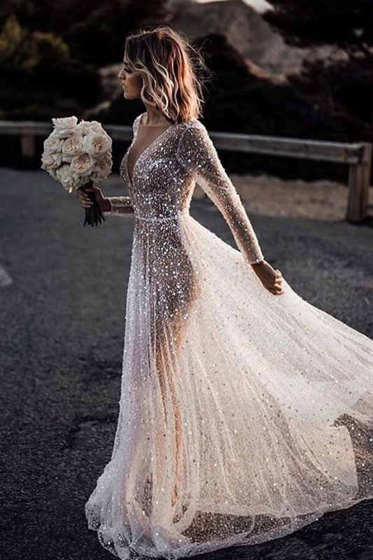 Bling Lace A-Line Wedding Dress with Deep V-Neck and See-Through Long Sleeves, WD23022343