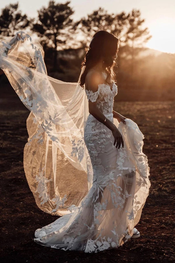 Stunning Off-Shoulder Mermaid Rustic Wedding Dress with Tulle Applique - JLDressCA Stunning Off-Shoulder Mermaid Rustic Wedding Dress with Tulle Applique - JLDressCA