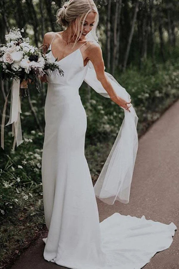Satin Mermaid Boho Beach Wedding Dress with Spaghetti Straps and V-neck | JLDressCA US8 / Pic Color Satin Mermaid Boho Beach Wedding Dress with Spaghetti Straps and V-neck | JLDressCA US8 / Pic Color