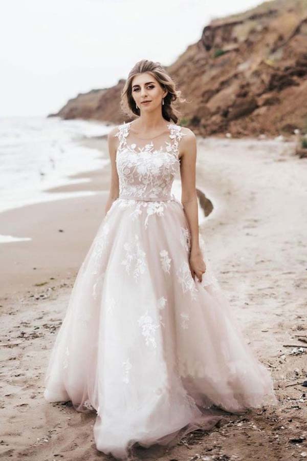Shop Vintage A-Line Tulle Illusion Neckline Wedding Dress with Lace & Corset Back | JLDressCA Shop Vintage A-Line Tulle Illusion Neckline Wedding Dress with Lace & Corset Back | JLDressCA