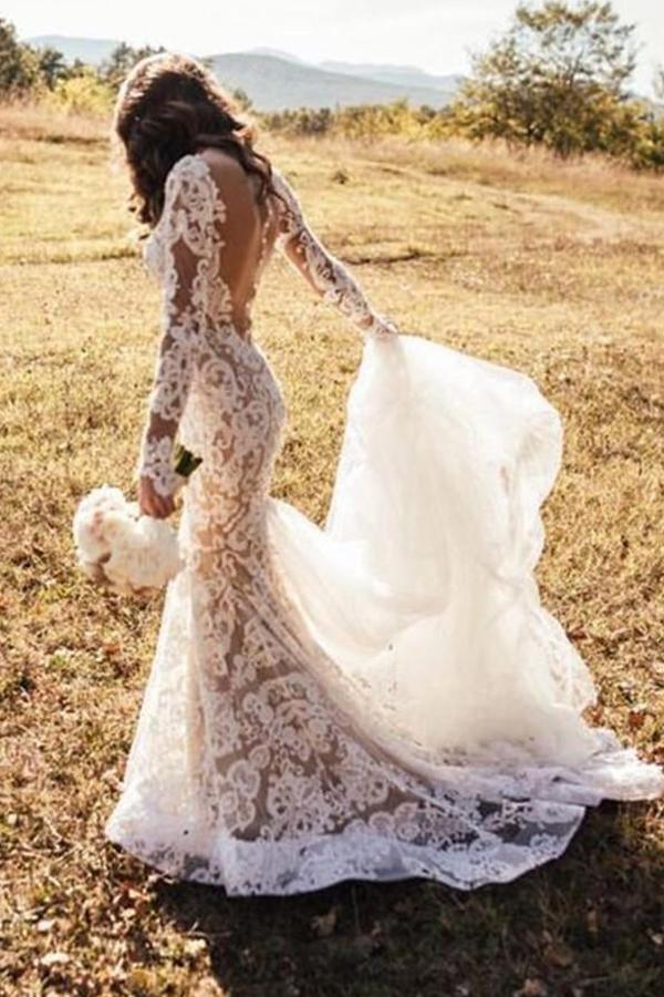 Ivory Backless Lace Mermaid Long Wedding Dress - JLDressCA Ivory Backless Lace Mermaid Long Wedding Dress - JLDressCA