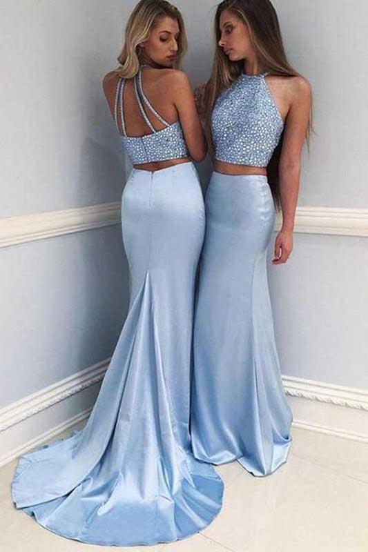 Satin Halter Two-Piece Beaded Sleeveless Prom Dress with Sweep Train, PD2303043