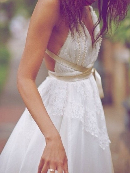 Shop Backless Lace A-line Halter Neck Wedding Dress in White - JLDressCA Shop Backless Lace A-line Halter Neck Wedding Dress in White - JLDressCA