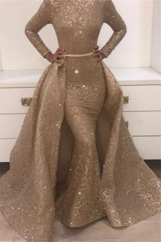 champagne and lace prom dresses Champagne Prom Dress 2026 A-Line Jewel Neck Long Sleeve Lace Sequined Floor-Length Formal Party Dresses Wedding Guest Dresses