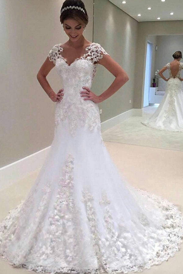 Long Mermaid Lace Cap Sleeves Wedding Dress | JLDressCA Long Mermaid Lace Cap Sleeves Wedding Dress | JLDressCA