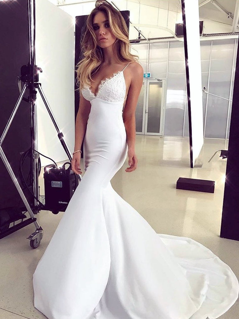 Shop V Neck White Lace Mermaid Prom Dresses | JLDressCA Shop V Neck White Lace Mermaid Prom Dresses | JLDressCA