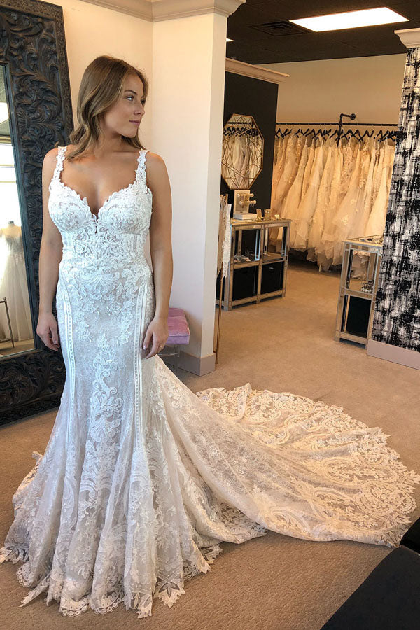 Vintage Mermaid Wedding Dress with Lace Appliques and Train - JLDressCA Vintage Mermaid Wedding Dress with Lace Appliques and Train - JLDressCA