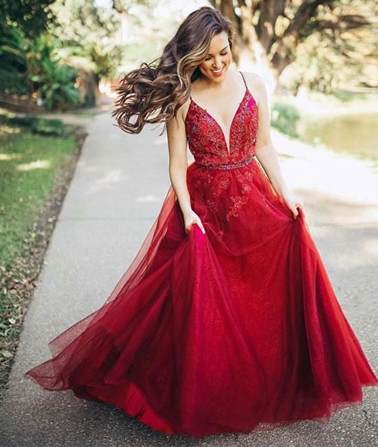 Red A-line Backless Prom Dress with Tulle and Sweetheart Neckline - JLDressCA Red A-line Backless Prom Dress with Tulle and Sweetheart Neckline - JLDressCA