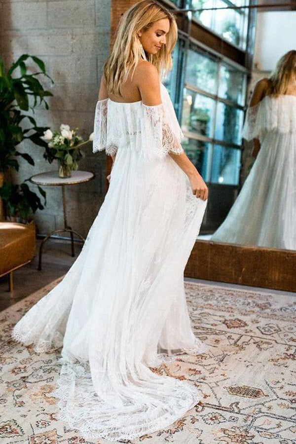 A-Line Beach Wedding Dress with Half Sleeves and Off-The-Shoulder Boho Lace Bodice | JLDressCA US14 / Pic Color A-Line Beach Wedding Dress with Half Sleeves and Off-The-Shoulder Boho Lace Bodice | JLDressCA US14 / Pic Color