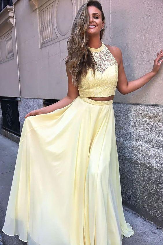 Yellow 2 Piece Prom Dress with Long Flowy Skirt - Beautiful Prom Dress - JLDressCA Yellow 2 Piece Prom Dress with Long Flowy Skirt - Beautiful Prom Dress - JLDressCA