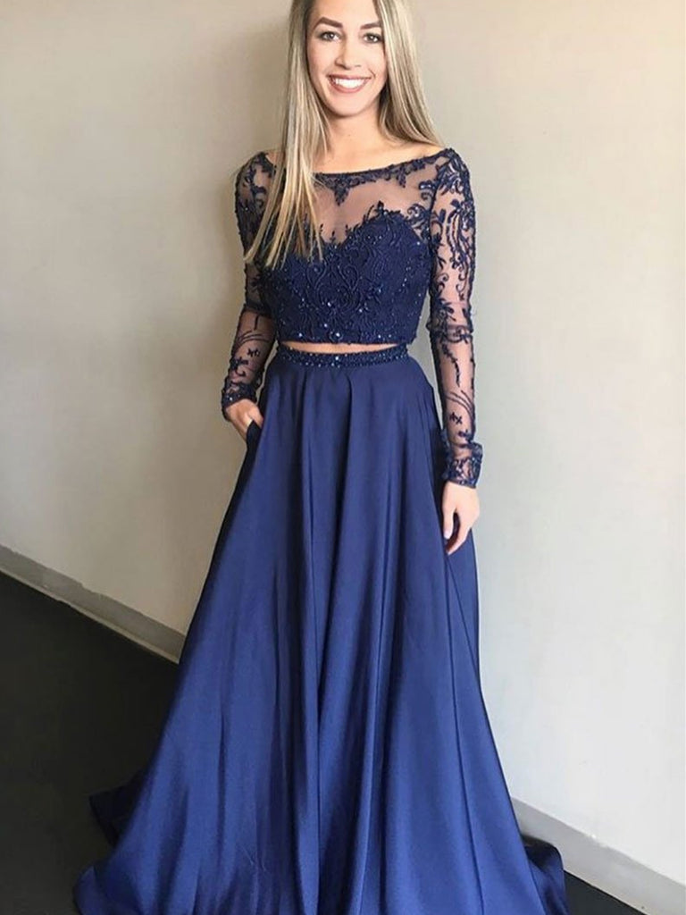 A-Line Navy Blue Lace Two Piece Prom Dress/Bridesmaid Dress with Long Sleeves - JLDressCA A-Line Navy Blue Lace Two Piece Prom Dress/Bridesmaid Dress with Long Sleeves - JLDressCA