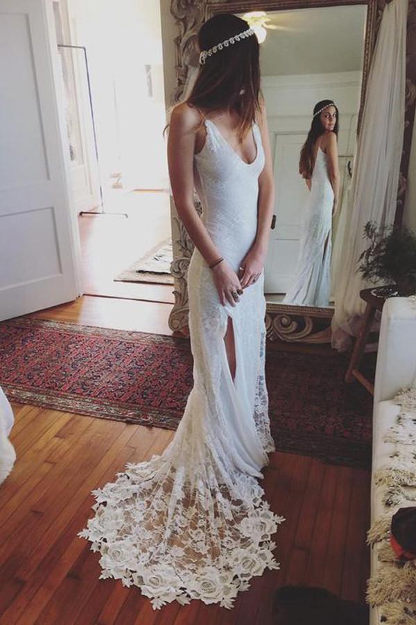Ombreprom Wedding Dress Delicate Mermaid Sheath Spaghetti Straps Backless Bridal Gown with Split Side Ombreprom Wedding Dress Delicate Mermaid Sheath Spaghetti Straps Backless Bridal Gown with Split Side