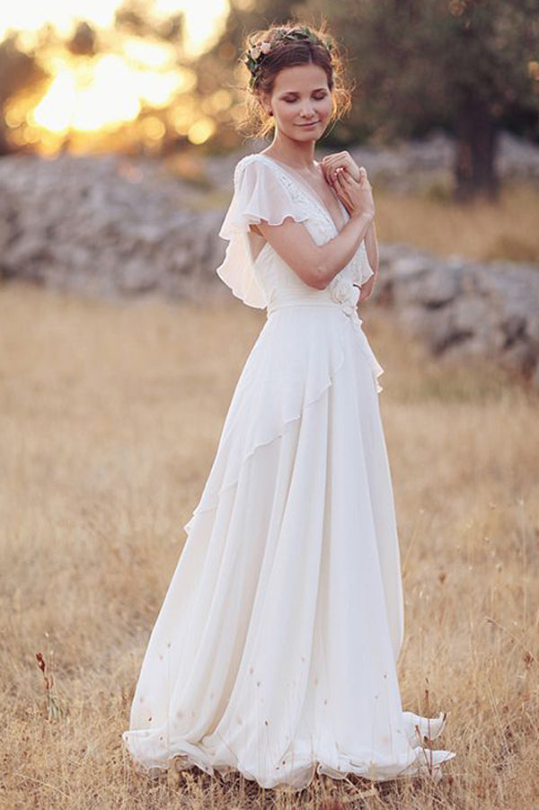 Off-the-Shoulder Chiffon Beach Wedding Dress with Lace Bodice and Side Slit - JLDressCA Off-the-Shoulder Chiffon Beach Wedding Dress with Lace Bodice and Side Slit - JLDressCA