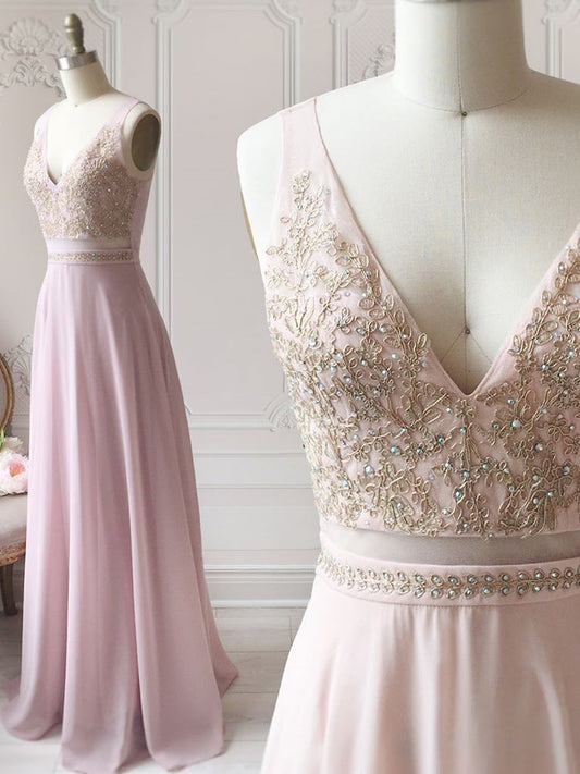 Pink V-Neck Lace Prom Dress, Long Formal Bridesmaid Dress, BD23031114