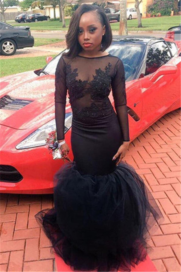Black Mermaid Tulle Scoop See Through Long Sleeves Prom Dress | JLDressCA Black Mermaid Tulle Scoop See Through Long Sleeves Prom Dress | JLDressCA