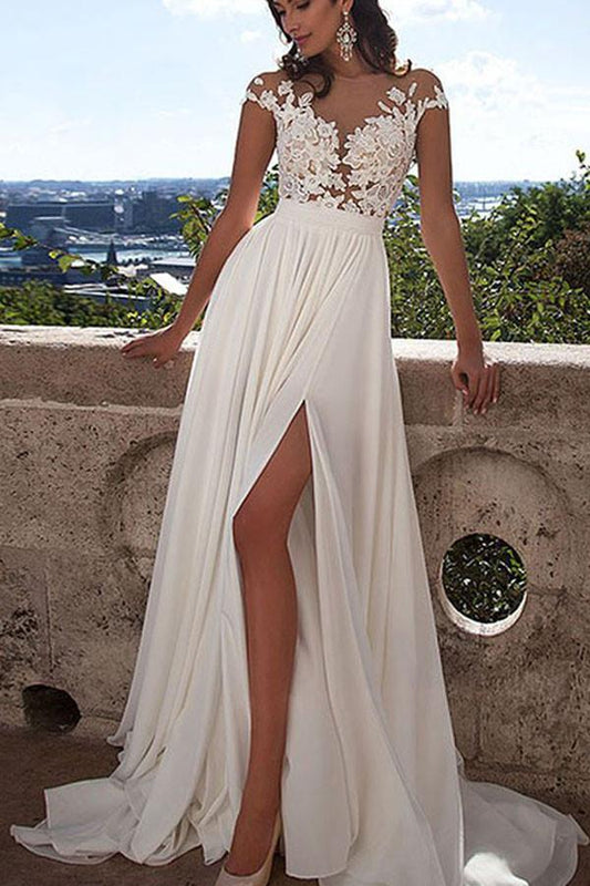 White A-Line Front Split Wedding Dresses With Lace Appliques, WD23022712