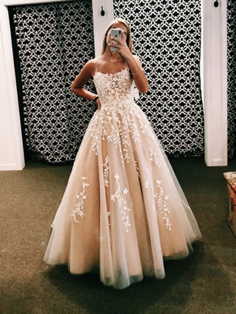 Stunning Champagne Pink Wedding Dress with Open Back and Lace - JLDressCA Stunning Champagne Pink Wedding Dress with Open Back and Lace - JLDressCA