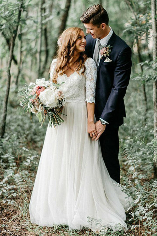 Elegant Open Back Half-Sleeve A-Line Wedding Dress - JLDressCA Elegant Open Back Half-Sleeve A-Line Wedding Dress - JLDressCA