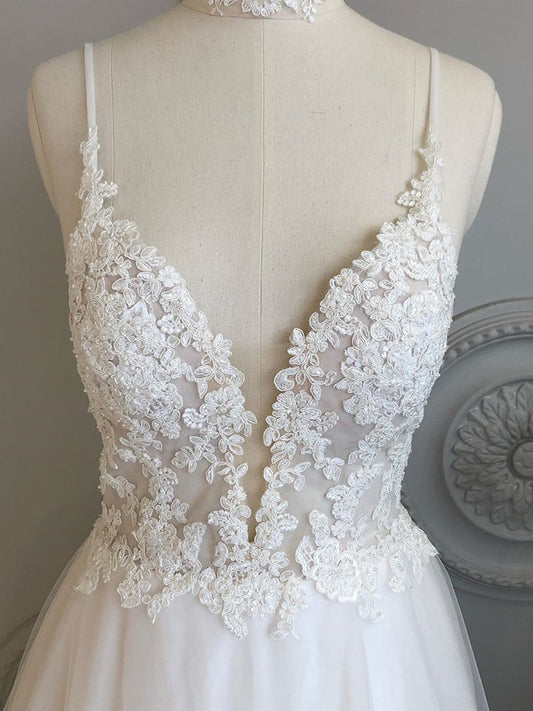 White V-Neck Backless Lace Prom Dress, Formal Wedding or Bridesmaid Dress, BD23031118