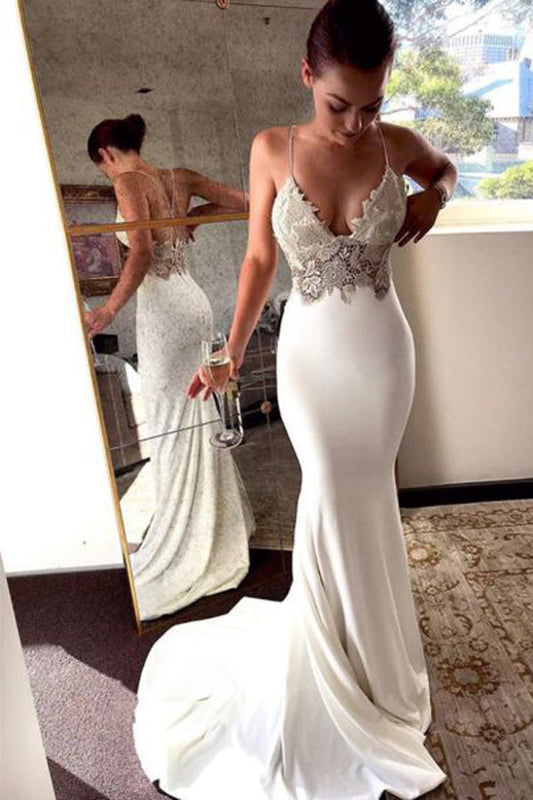 Soft Satin Mermaid Beach Wedding Dress with V-neck and Spaghetti Straps, WD2303085