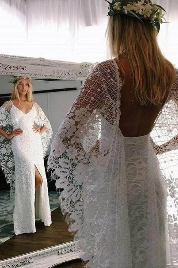Ivory Lace Boho Sheath Wedding Dress with Batwing Sleeves - JLDressCA Ivory Lace Boho Sheath Wedding Dress with Batwing Sleeves - JLDressCA