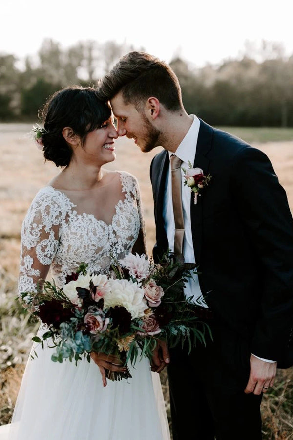 Rustic A-line Wedding Dress with Bateau Neckline and Long Lace Sleeves | JLDressCA Rustic A-line Wedding Dress with Bateau Neckline and Long Lace Sleeves | JLDressCA