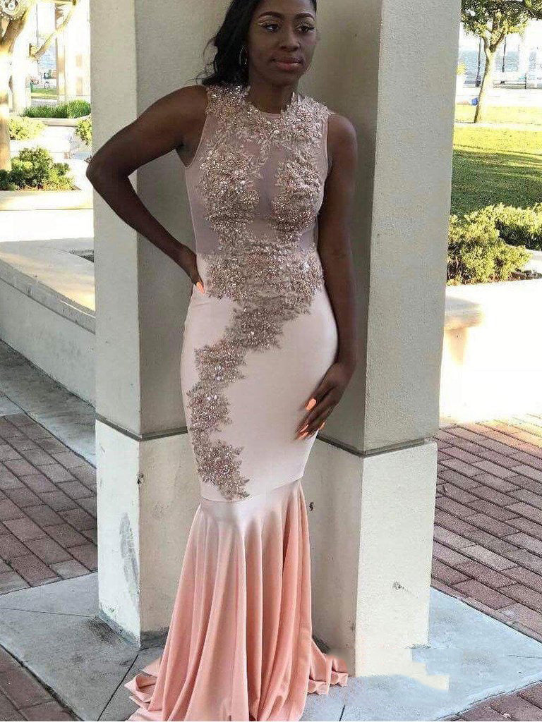 Stunning Dusty Rose Applique Beaded Sleeveless Mermaid Prom Dress - JLDressCA Stunning Dusty Rose Applique Beaded Sleeveless Mermaid Prom Dress - JLDressCA