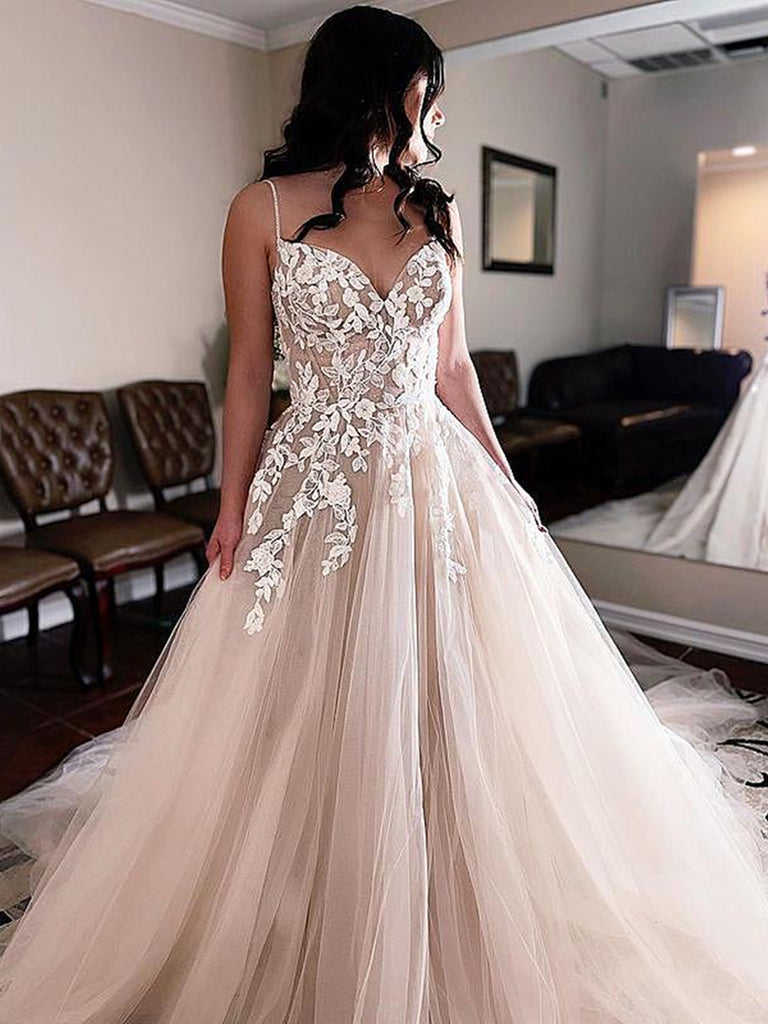 Champagne V-Neck Lace Wedding Dress