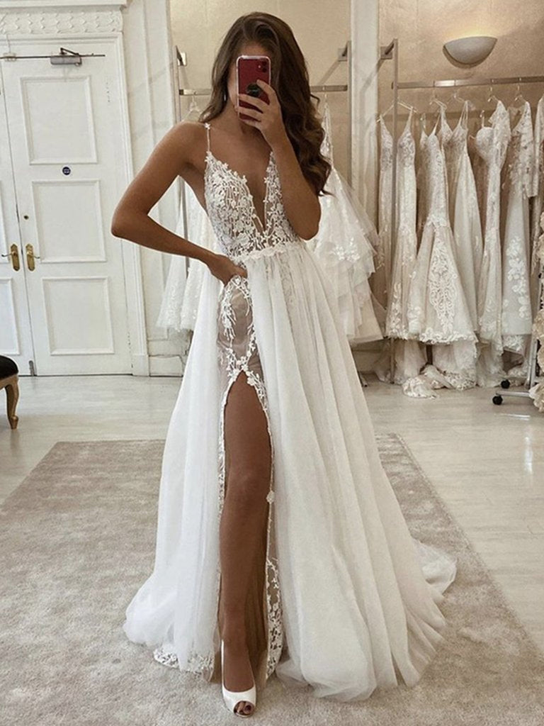 deep ivory wedding dress A Line Deep V Neck Ivory Simple Boho Wedding Dress Open Back Bridal Gown QW2579 US6 / Custom Color