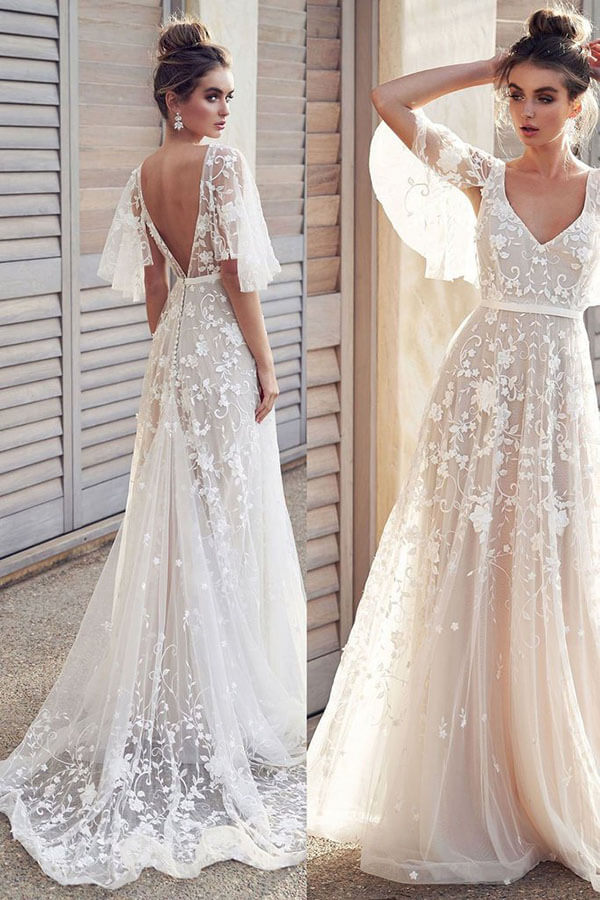 Elegant Ivory V-Neck Beach Wedding Dress with Lace Appliques - JDressCA Elegant Ivory V-Neck Beach Wedding Dress with Lace Appliques - JDressCA