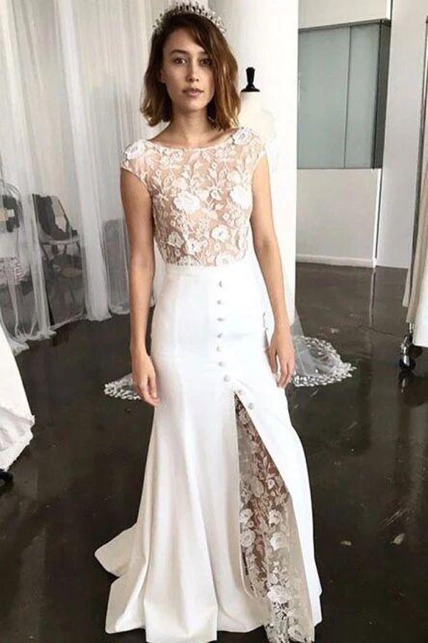 Sheath Wedding Dress with Bateau Neckline, Cap Sleeves, Lace and Split | JLDressCA Sheath Wedding Dress with Bateau Neckline, Cap Sleeves, Lace and Split | JLDressCA