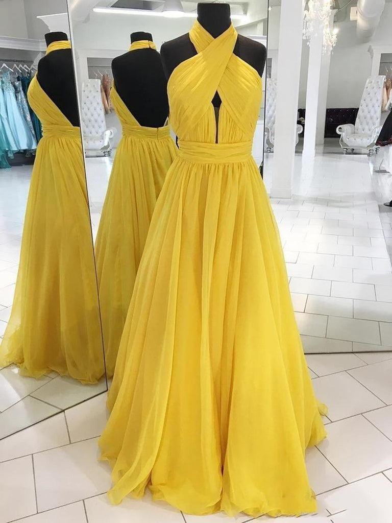 Gorgeous Yellow Chiffon Long Prom Dress with Open Back - JLDressCA Gorgeous Yellow Chiffon Long Prom Dress with Open Back - JLDressCA