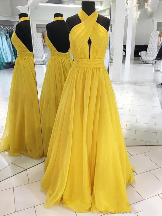 Yellow Chiffon Long Prom Dress with Open Back, Formal Bridesmaid Dress, BD23031119