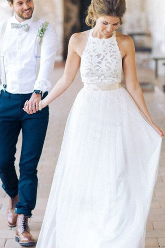 White Halter Neck Lace Long Sheath Beach Wedding Dress, WD23022715