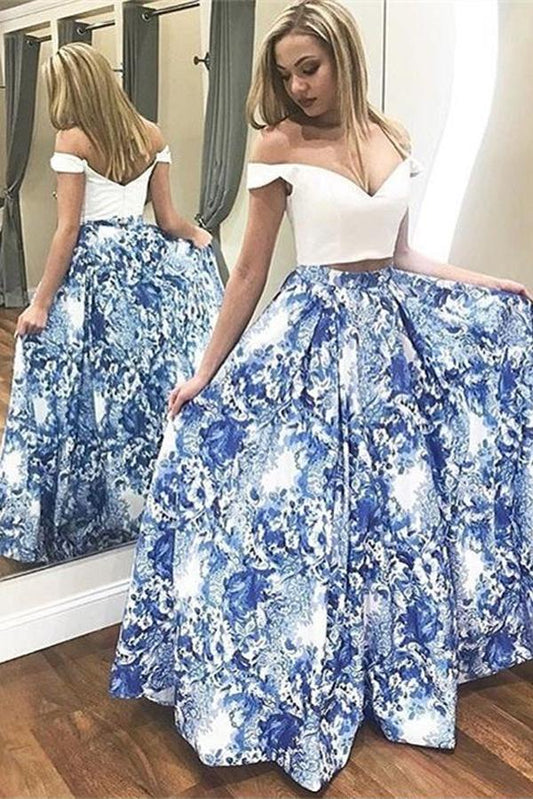 Blue Floral Satin Two-Piece Off-the-Shoulder Long Prom Dress, PD23030322